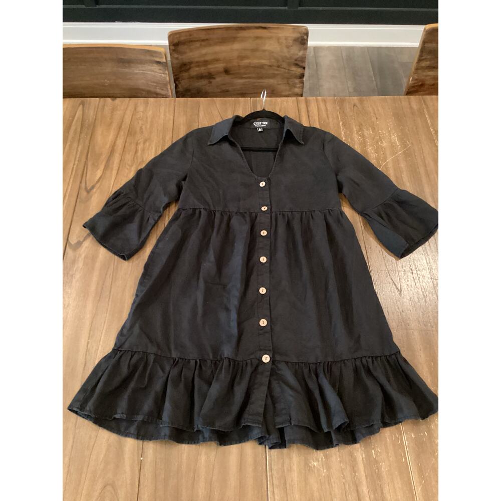 C'est Toi  Flounce black 3/4 sleeve tiered Button down casual  Swing Dress